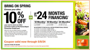 New ListingHOME DEPOT Coupon 10% Off Online / In Store OR 24 Months Financing, Exp 05/08/24