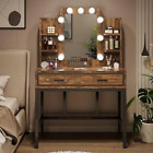 New ListingRustic Makeup Vanity Desk with Mirror & LED Lights 2 Drawers 4 Storage Shelves