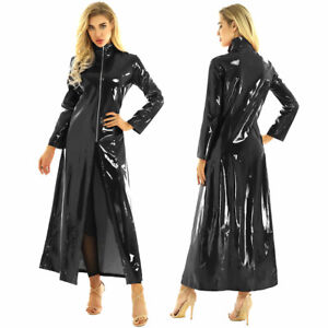 Womens Men PVC Leather Turtleneck Long Trench Coat Jacket Zipper Cosplay Costume