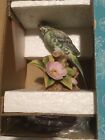 Andrea By Sadek Green Parakeet Bird Figurine Flower Branch #9386 Wood Base Japan
