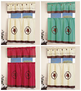 3 pcs Western Texas Star  Kitchen Curtain with Swag and Tier Window Curtain Set