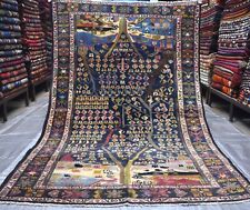 Blue Vintage Afghan Tree Of Life Area Rug 4x6 Hand Knotted Oriental Wool Carpet