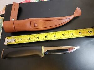 Fiskars Knife Black handle 8.50 inch blade & Leather Sheeth. Finland. New