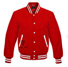 Women Varsity Jacket Girl All Wool Letterman  School Baseball Bomber Jacket Red
