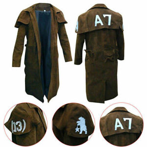 Ranger A7 Fallout Military Veteran Men's Real Brown Leather Jacket Trench Coat