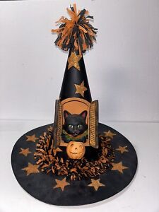 New ListingRETIRED Large Bethany Lowe Halloween Black Cat Pumpkin Pail In A Witch's Hat