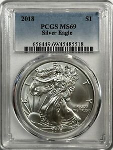 PCGS MS69 2018 American Silver Eagle 1 oz .999 Fine Silver Dollar #45485518