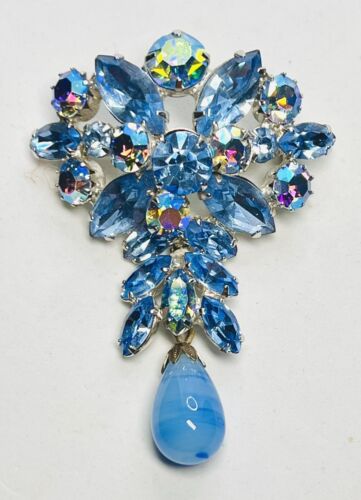 Important Signed Regency Blue Italian Art Glass Drop Brooch-Rare Big Design