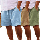 Mens Cotton Linen Shorts Summer Beach Hawaiian Drawstring Waist Short Pants Tops