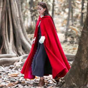 Womens Cape Trench Coat Cloak Red Woolen Cashmere Full Length Hooded Outwear