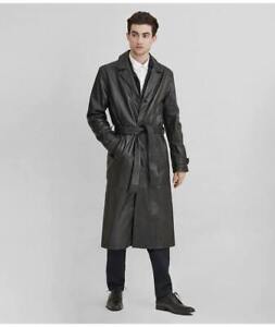 Original lambskin Leather Black Long Trench Coat Robe Handmade Fashion Formal