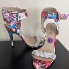 Guess Floral Print Ankle Strap Open Toe Rhinestone Heels Size 6.5