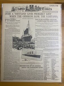 VINTAGE NEWSPAPER HEADLINE ~WORLD WAR 1 GERMANS SINK LUSITANIA DISASTER WWI 1915