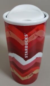 Starbucks Coffee Ceramic Travel Tumbler Mug Red Chevron Pattern 10 fl oz  2014