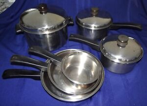 Vtg VOLLRATH Try-Ply 18-8 Stainless Steel Ware LO-HEET Cookware 9 Pc Set Pot Pan