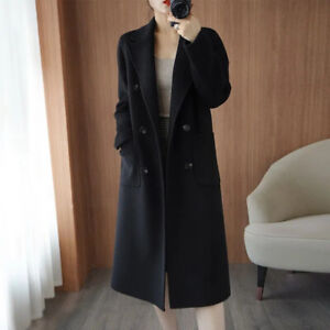 Womens Double Breasted Lapel Collar Wool Blend Midi Trench Outwear Loose Coat
