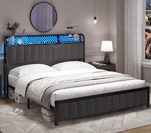 Queen Size Bed Frame with Outlets & LED Lights, Modern Upholstered Platform Bed