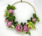 Artificial 15” Lavender-Pink ROSE & Hydrangea Gold Ring WREATH, Home Decor