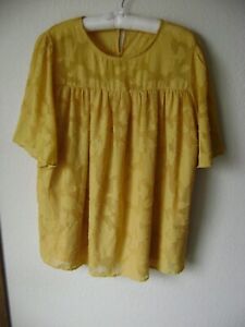 WOMEN'S BABYDOLL BLOUSE XL SHEER GOLD YELLOW LINED PEASANT TOP SHORT SLEEVE