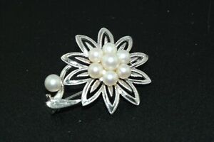 Vtg Genuine Cultured Pearl Sterling Silver Flower Pin Brooch