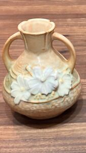 New ListingVintage Roseville Pottery 4” Double Handle Bud Vase, Tan With Cosmos
