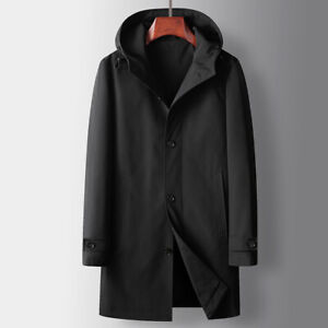 Men Windbreaker Jacket Outwear Tops Hooded Trench Coat Single Breasted Overcoat