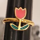 Tulip Pinky Ring Adjustable Size 3 4 5 Pink Cloisonne Look Gold Tone Metal Child