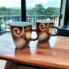 Laurie Gates Ware Coffee Mugs Cups Set of 2 Brown Leaves Blue Interior