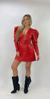 Women Dress Red Designer Leather Puff Sleeve Real Lambskin Cocktail Clubwear