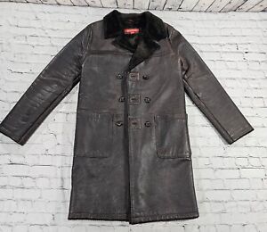 Vintage REPORT COLLECTION Brown Leather Trench Coat Faux Fur Lined MENS SMALL