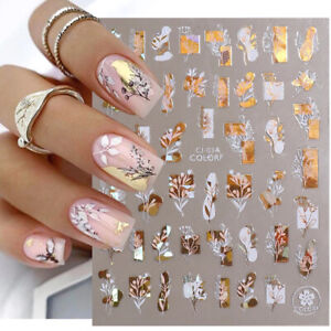 Nail Stickers Gold White Gradient 3D Nail Decal Nail Slider Holographic Manicure