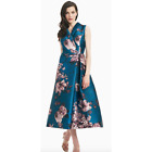 Kay Unger Waverly Tea Length Dress Size 6 Floral Print Turkish Blue Multi NEW!