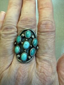NAVAJO OLD PAWN SIGNED MULTI TURQUOISE STONES AND STERLING RING Size 8-8.25