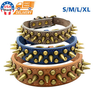 US Retro Studded Spiked Rivet Large Dog Pet Leather Collar Pit Bull S-XL