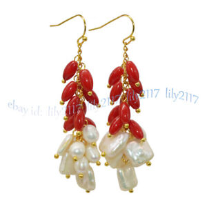 Natural White Keshi Baroque Pearl 6x9mm Rice Red Coral Dangle Earrings Gold Hook