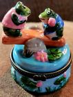 Frog Couple on Seesaw  Porcelain Hinged Trinket Box With Trinket
