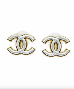 Auth CHANEL 2023 White CC Stud Earrings