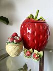 New ListingVintage Red Strawberry Cookie Jar, Sugar Bowl, & 2 Italian Recipe/Name Holders