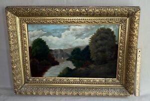 Antique 19th C Oil on Canvas Painting Hudson River School NY Outdoor Landscape