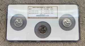 2004-D WISCONSIN 25c 3 COIN VARIETY SET EXTRA HIGH & LOW LEAF & REG. NGC MS 66