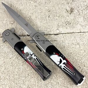 Falcon Punisher Skull Spring Assisted Stiletto Knife Silver w Black Red USA Flag