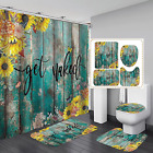 AZHM 4Pcs Get Naked Sunflower Shower Curtain Sets Floral Green Bathroom Set with