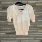 Christine Vintage 80s Peach Embroidered Floral Lace Peach Sweater Size M