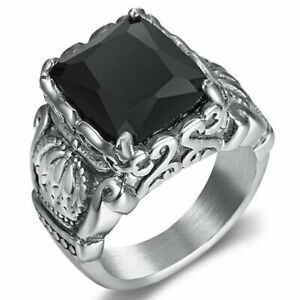 Mens Natural Black Obsidian Crown Ring For Men Stainless Steel Size 7-15 Gift