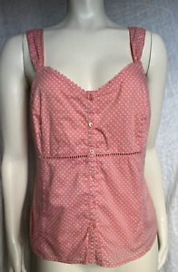 Vintage 90s Button Up Cami Top Milkmaid Cottage Cotton Polka Dot Coral Pink Med