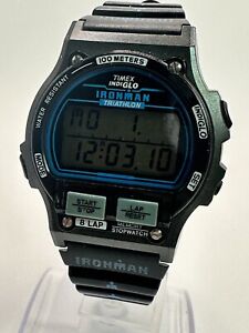 Vtg 1990s Superb Timex Ironman Triathlon Indiglo Men’s Watch 8 LAP Black/Blue