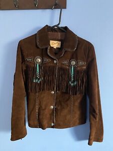 Scully 100% leather jacket, brown, western, women's size small aqua perls