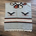 Vintage Mexican Fringe Thunderbird Vest Poncho Blanket Serape Gray Tan Brown