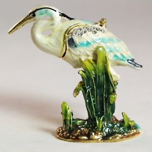 Bejeweled Enameled Animal Bird Trinket Box/Figurine With Rhinestones-Crane