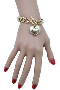 Women Love Bangle Bracelet Gold Metal Chunky Chain Links Heart Charm Best Friend